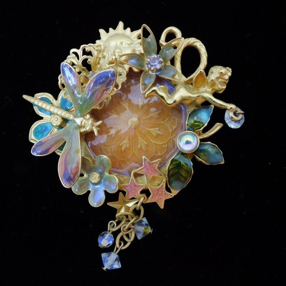 ❤️KIRKS FOLLY Fairy Wishing Pool Goldtone Multicolor Enamel Dragonfly Brooch Pin